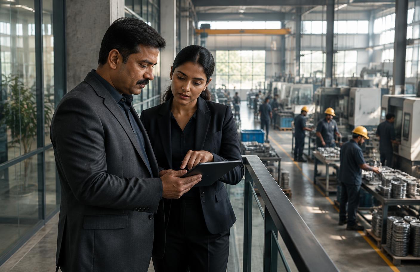 Consultants reviewing operations in a manufacturing facility